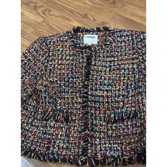 L'AGENCE Angelina Gold black Tweed Plaid Jacket fringe trim size 18 - Picture 12 of 16